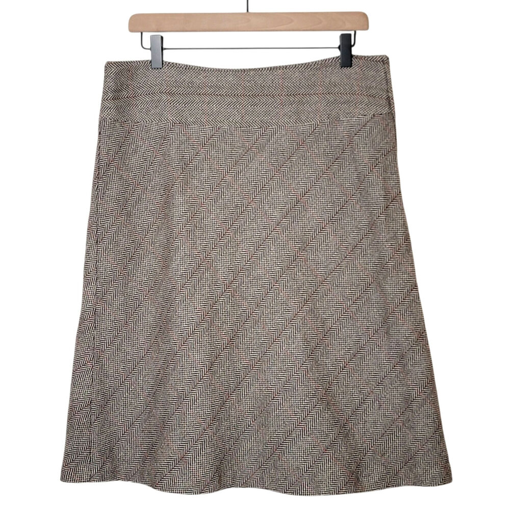 United Colors Benetton Vintage Herringbone Wool A Line Skirt Brown US 14 IT 46